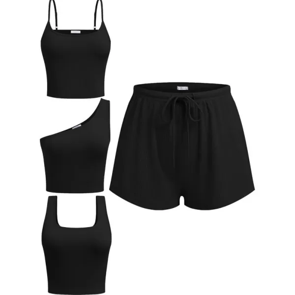 Ekouaer 4 Piece Outfits Crop Tank Top Elastic Waist Shorts Pajama Set Casual Lounge Sets for Daily and Sport WearingBlack