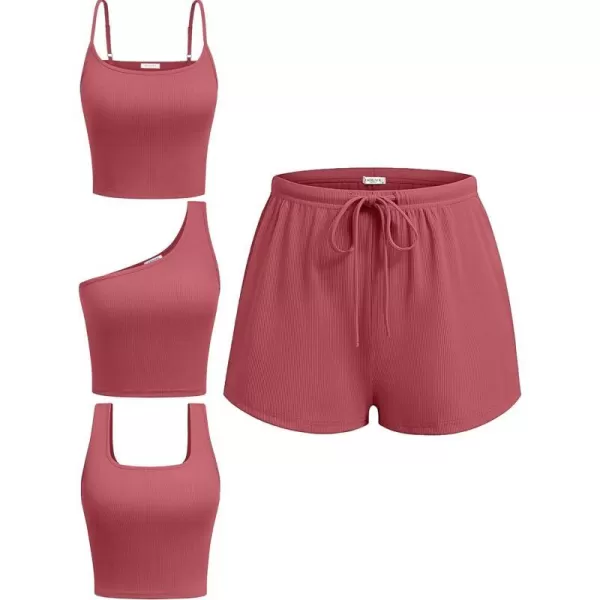 Ekouaer 4 Piece Outfits Crop Tank Top Elastic Waist Shorts Pajama Set Casual Lounge Sets for Daily and Sport WearingDark Pink