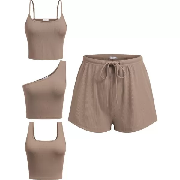 Ekouaer 4 Piece Outfits Crop Tank Top Elastic Waist Shorts Pajama Set Casual Lounge Sets for Daily and Sport WearingKhaki