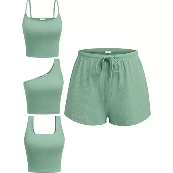 Ekouaer 4 Piece Outfits Crop Tank Top Elastic Waist Shorts Pajama Set Casual Lounge Sets for Daily and Sport WearingLight Green