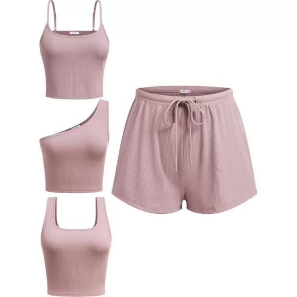 Ekouaer 4 Piece Outfits Crop Tank Top Elastic Waist Shorts Pajama Set Casual Lounge Sets for Daily and Sport WearingPink