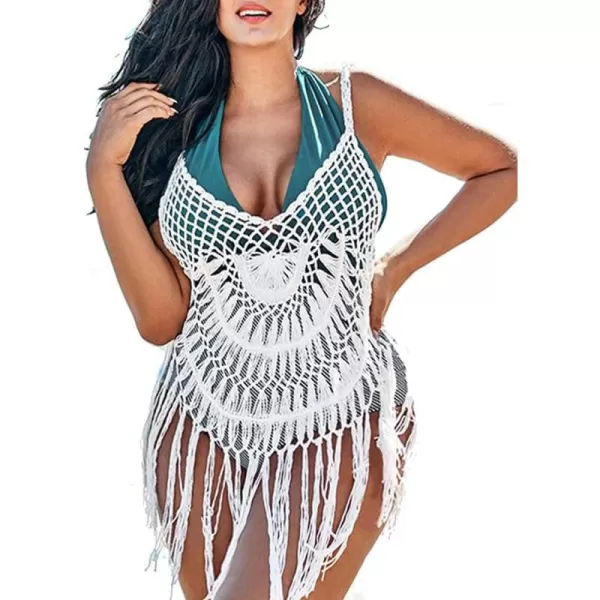 Ekouaer Beach Swimsuit Cover Up Women Crochet Bikini Coverups Summer Pool Swimwear Tassel DressAbeigewhite