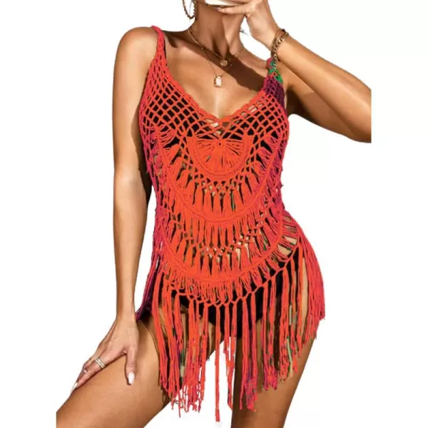 Ekouaer Beach Swimsuit Cover Up Women Crochet Bikini Coverups Summer Pool Swimwear Tassel DressOrange