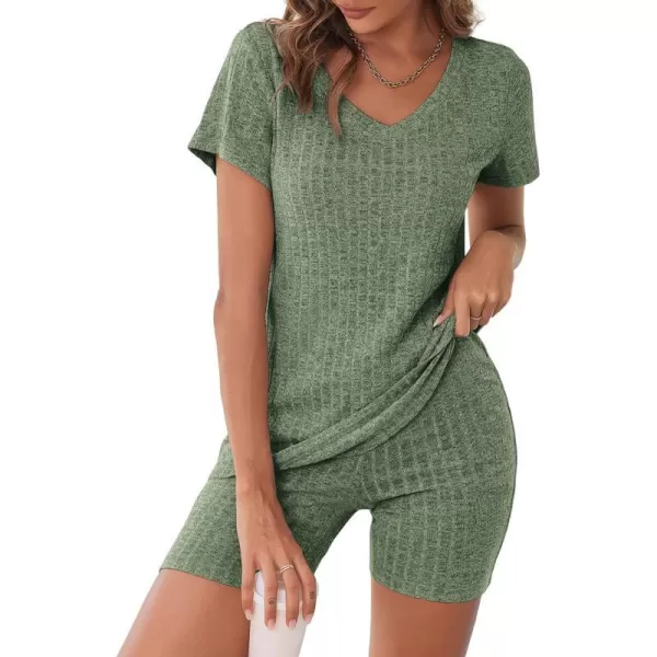 Ekouaer Biker Short Sets Women 2 Piece Outfits Ribbed Pajama Short Sleeve Workout SetDark Green