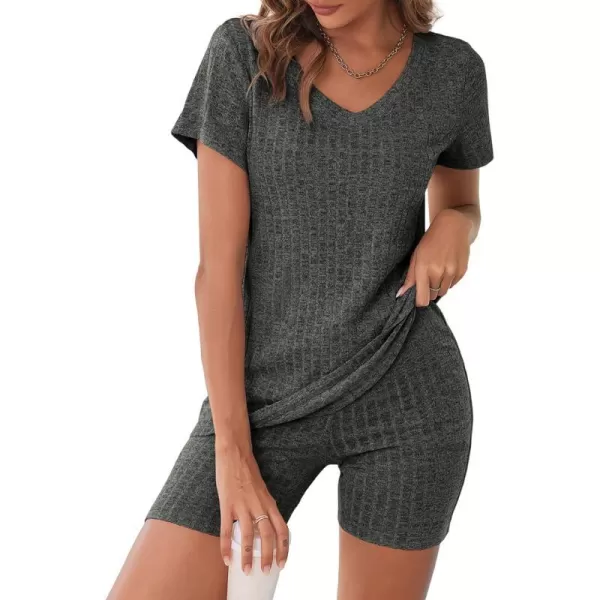 Ekouaer Biker Short Sets Women 2 Piece Outfits Ribbed Pajama Short Sleeve Workout SetGrey