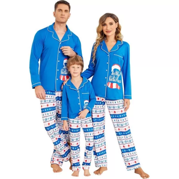 Ekouaer Christmas Family Matching Pajamas Long Sleeve Couple Pj Set Festival Party Sleepwear with Button SXXLKids Blue With Christmas Hat