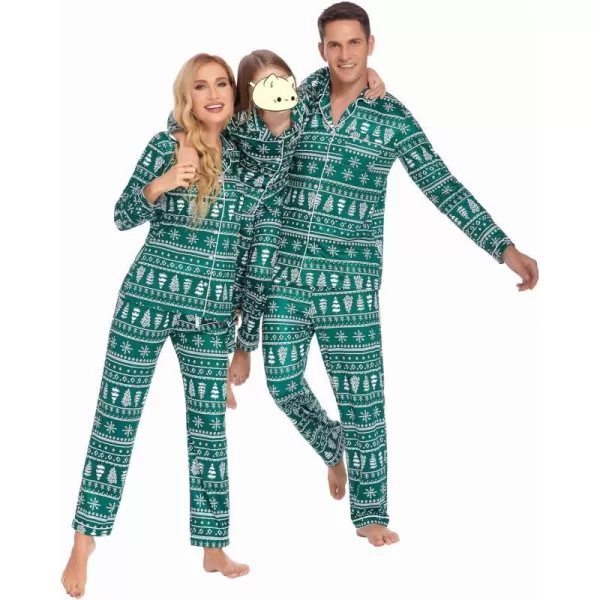 Ekouaer Christmas Family Matching Pajamas Long Sleeve Couple Pj Set Festival Party Sleepwear with Button SXXLKids Dark Green With Snowflake