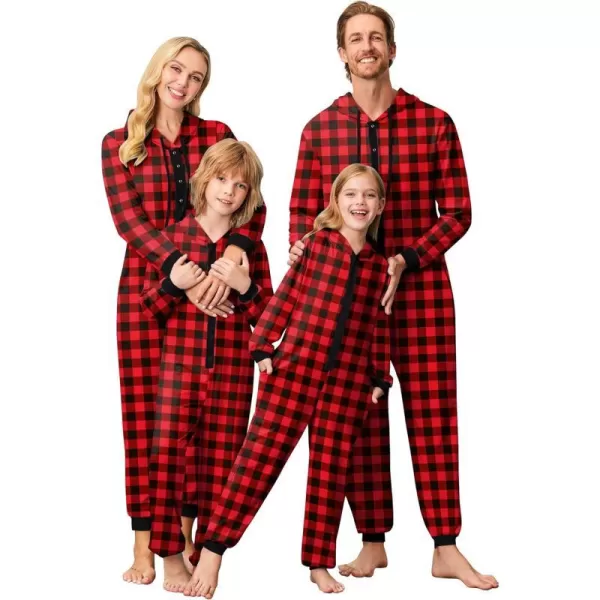 Ekouaer Christmas Matching Family Onesies Pajamas Long Sleeve Thermal One Piece Pajamas with ButtonKids Redplaid