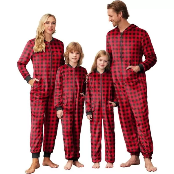 Ekouaer Christmas Matching Pajamas Onesie for Family Fleece Onesie Sleepwear Zipper Jumpsuit with PocketsMen Red Plaid Onesie