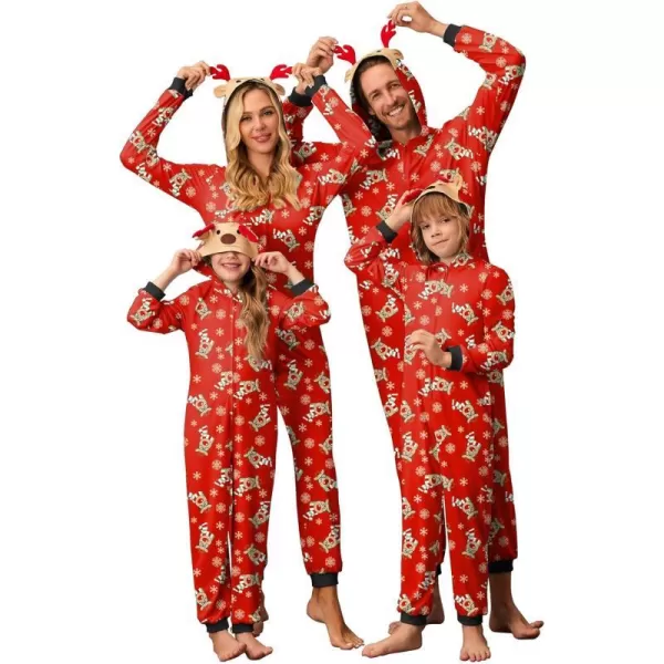 Ekouaer Christmas Onesies for Family Elk Antler Hooded Onesie Pajamas Long Sleeve Comfy LoungewearKids Areindeer Red