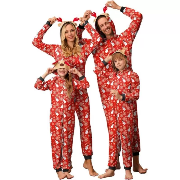 Ekouaer Christmas Onesies for Family Elk Antler Hooded Onesie Pajamas Long Sleeve Comfy LoungewearKids Snowman Red