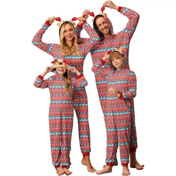 Ekouaer Christmas Onesies for Family Elk Antler Hooded Onesie Pajamas Long Sleeve Comfy LoungewearWomen Elk Red