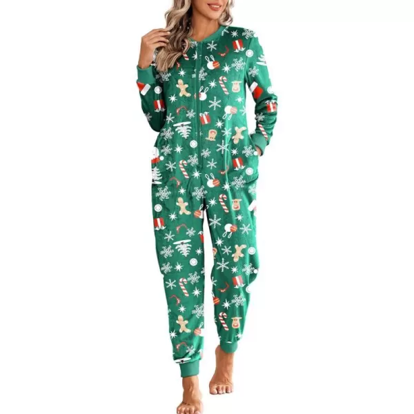 Ekouaer Christmas Women One Piece Pajamas Fleece Plaid Onesie Sleepwear Zipper Jumpsuit with PocketChristmas Green