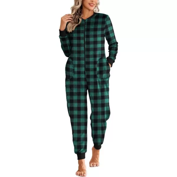 Ekouaer Christmas Women One Piece Pajamas Fleece Plaid Onesie Sleepwear Zipper Jumpsuit with PocketGreen Plaid