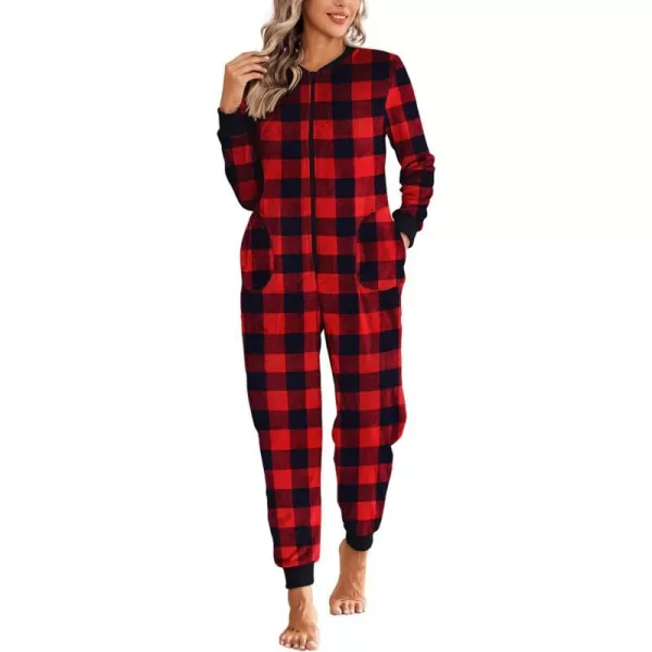 Ekouaer Christmas Women One Piece Pajamas Fleece Plaid Onesie Sleepwear Zipper Jumpsuit with PocketRed Buffalo Plaid