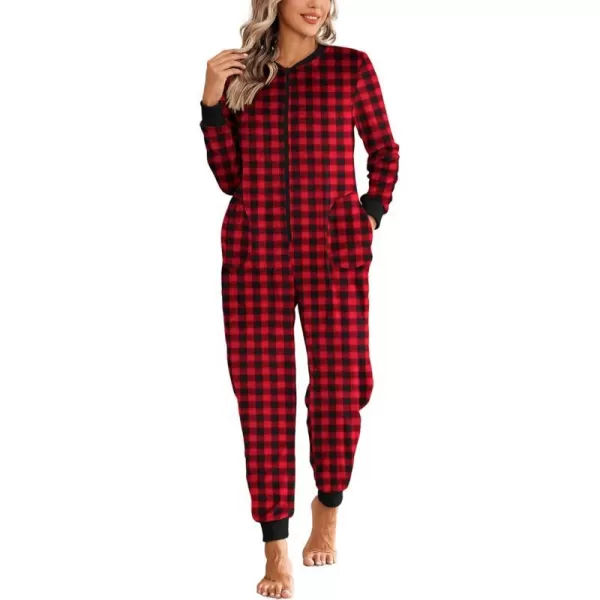 Ekouaer Christmas Women One Piece Pajamas Fleece Plaid Onesie Sleepwear Zipper Jumpsuit with PocketRed Plaid