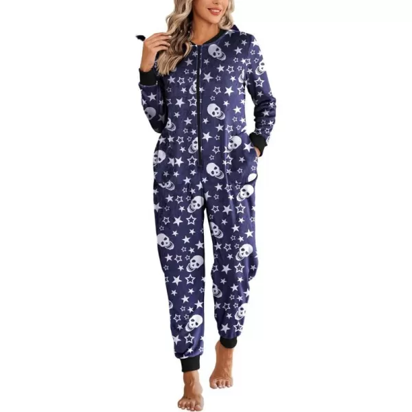 Ekouaer Christmas Women One Piece Pajamas Fleece Plaid Onesie Sleepwear Zipper Jumpsuit with PocketSkeleton Black