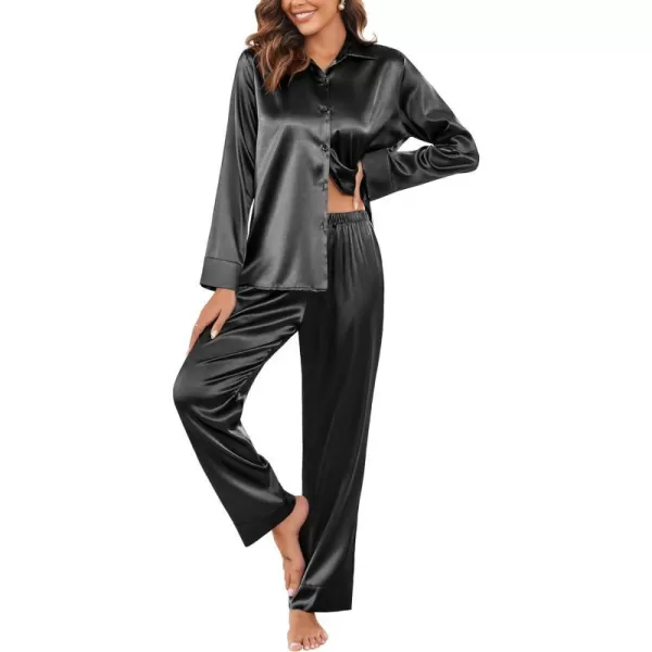 Ekouaer Classic Satin Pajamas for Women Long Sleeve Button Down Sleepwear Soft Silk Loungewear Pjs Set SXXL01black