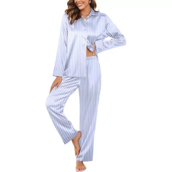 Ekouaer Classic Satin Pajamas for Women Long Sleeve Button Down Sleepwear Soft Silk Loungewear Pjs Set SXXL01blue Striped