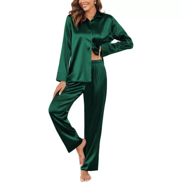 Ekouaer Classic Satin Pajamas for Women Long Sleeve Button Down Sleepwear Soft Silk Loungewear Pjs Set SXXLGreen