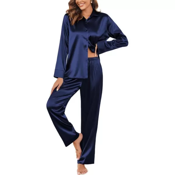 Ekouaer Classic Satin Pajamas for Women Long Sleeve Button Down Sleepwear Soft Silk Loungewear Pjs Set SXXLNavy Blue