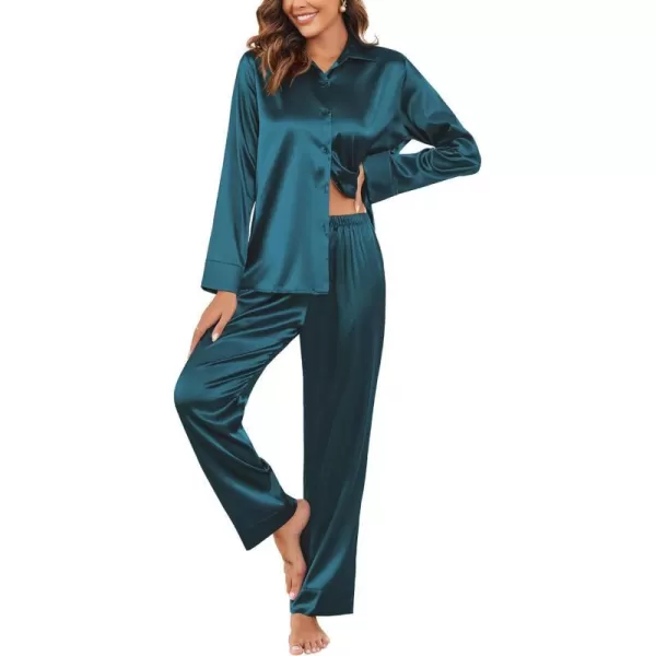 Ekouaer Classic Satin Pajamas for Women Long Sleeve Button Down Sleepwear Soft Silk Loungewear Pjs Set SXXLPeacock Blue