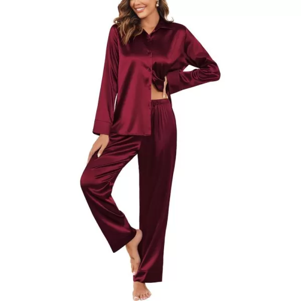 Ekouaer Classic Satin Pajamas for Women Long Sleeve Button Down Sleepwear Soft Silk Loungewear Pjs Set SXXLWine Red