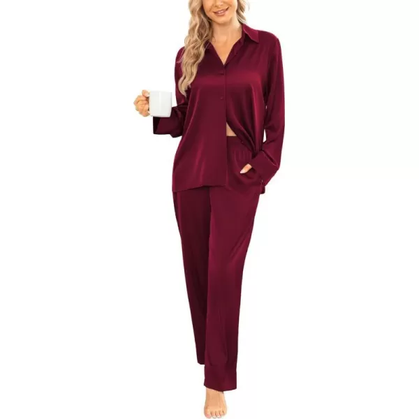 Ekouaer Classic Satin Pajamas for Women Long Sleeve Button Down Sleepwear Soft Silk Loungewear Pjs Set SXXLWine Red2