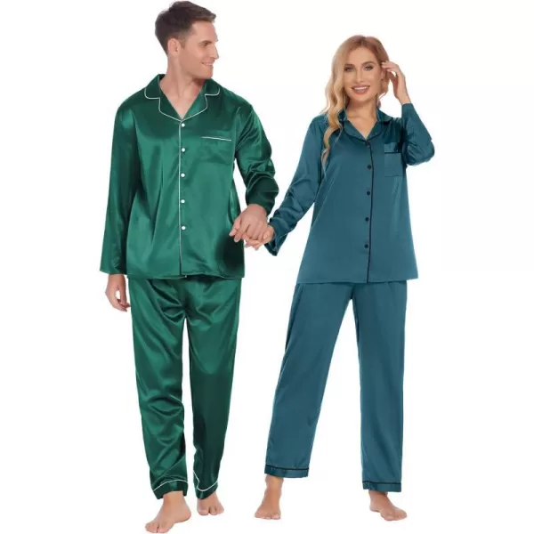 Ekouaer Couples Matching Pajamas Silk Long Sleeve Sleepwear Satin Soft Button Down Loungewear Pjs Set SXXLMen Green