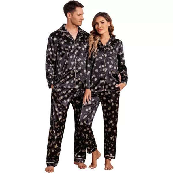 Ekouaer Couples Matching Pajamas Silk Long Sleeve Sleepwear Satin Soft Button Down Loungewear Pjs Set SXXLWomen Black With Snowflakes