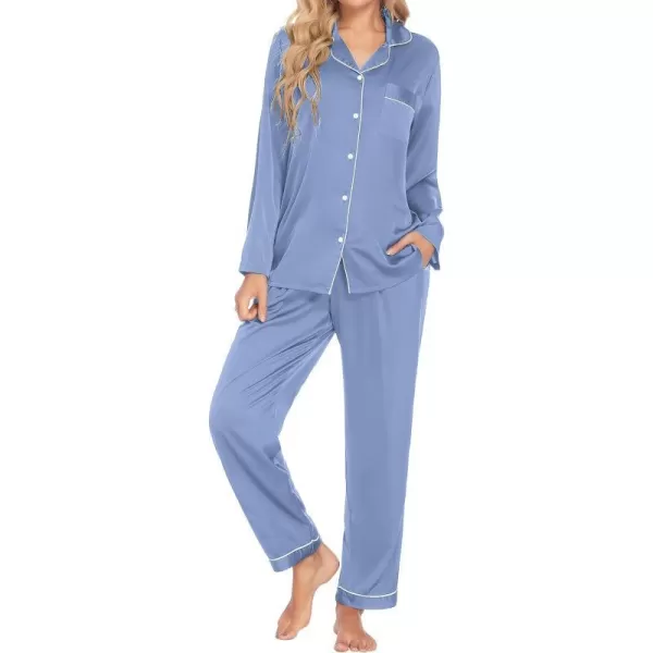 Ekouaer Couples Matching Pajamas Silk Long Sleeve Sleepwear Satin Soft Button Down Loungewear Pjs Set SXXLWomen Periwinkle