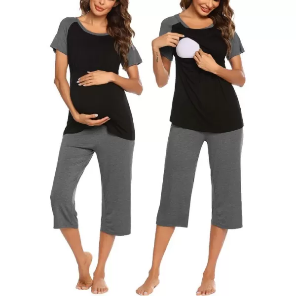 Ekouaer Double Layers LaborDeliveryNursing Maternity Pajamas Capri Set Baseball ShirtAdjustable SizeAblack Grey