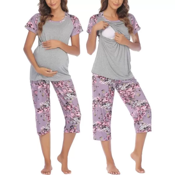 Ekouaer Double Layers LaborDeliveryNursing Maternity Pajamas Capri Set Baseball ShirtAdjustable SizeAgrey Floral