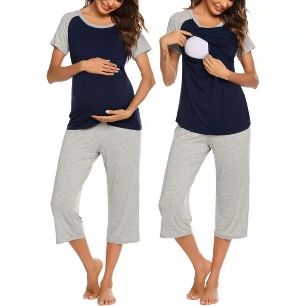 Ekouaer Double Layers LaborDeliveryNursing Maternity Pajamas Capri Set Baseball ShirtAdjustable SizeAnavy Light Grey