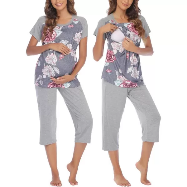 Ekouaer Double Layers LaborDeliveryNursing Maternity Pajamas Capri Set Baseball ShirtAdjustable SizeApink Floral