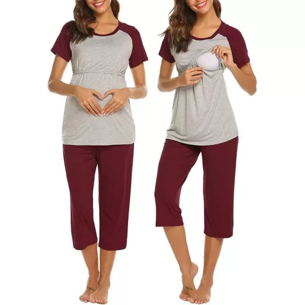 Ekouaer Double Layers LaborDeliveryNursing Maternity Pajamas Capri Set Baseball ShirtAdjustable SizeAwine Red