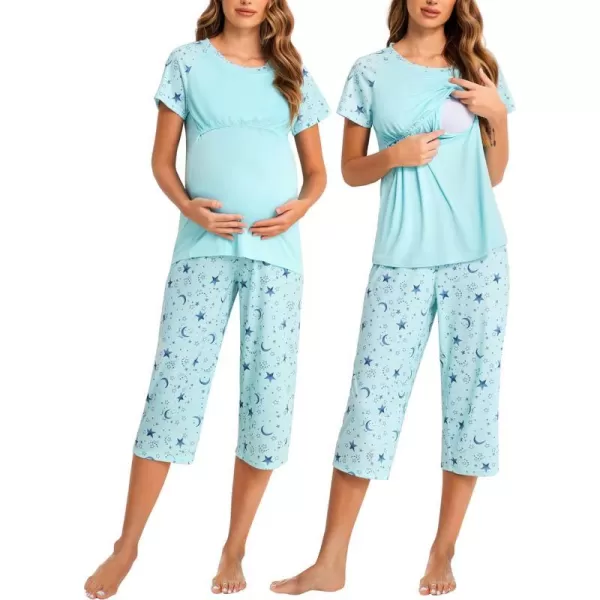 Ekouaer Double Layers LaborDeliveryNursing Maternity Pajamas Capri Set Baseball ShirtAdjustable SizeBlue Star