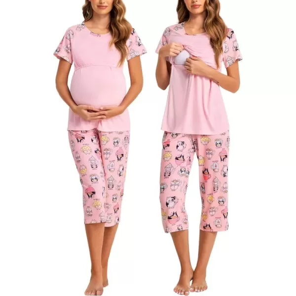 Ekouaer Double Layers LaborDeliveryNursing Maternity Pajamas Capri Set Baseball ShirtAdjustable SizePink Cup Cat