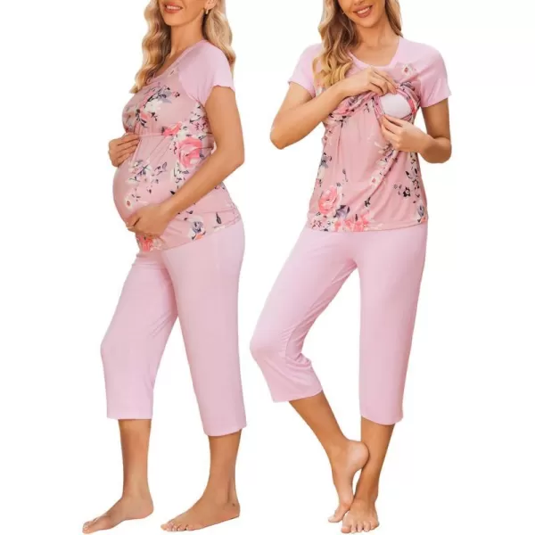 Ekouaer Double Layers LaborDeliveryNursing Maternity Pajamas Capri Set Baseball ShirtAdjustable SizePink Flower