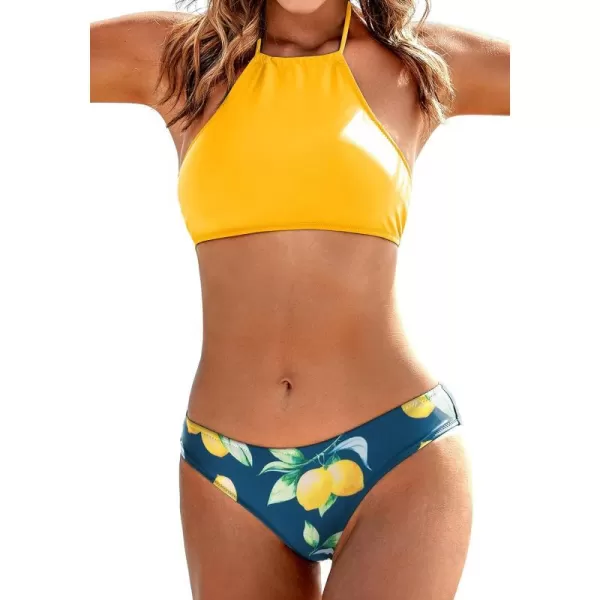 Ekouaer High Neck Halter Bikini Top Floral Swimsuits Two Piece Bathing Suits Triangle Bottoms for Women Teen Juniors XSXXLYellow Lemon