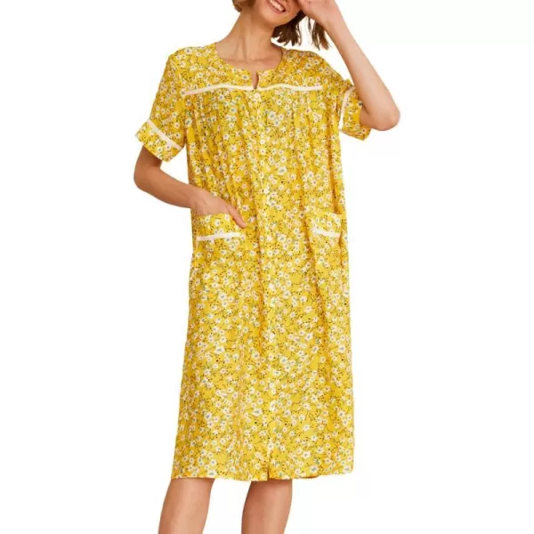 Ekouaer House Dress for Women with Pockets Button Down Duster Housecoat Short Sleeve Patio Dress Nightgown SXXXLFloral Yellow