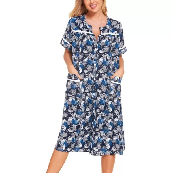 Ekouaer House Dress for Women with Pockets Button Down Duster Housecoat Short Sleeve Patio Dress Nightgown SXXXLNavy Leaf