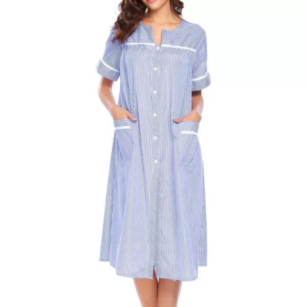 Ekouaer House Dress for Women with Pockets Button Down Duster Housecoat Short Sleeve Patio Dress Nightgown SXXXLStriped Blue