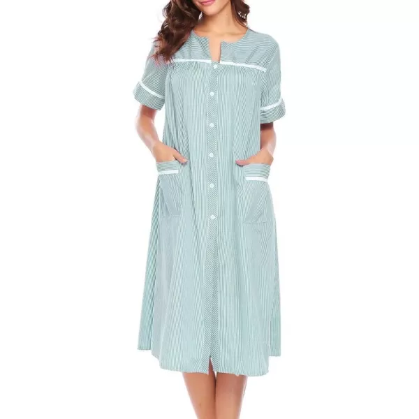 Ekouaer House Dress for Women with Pockets Button Down Duster Housecoat Short Sleeve Patio Dress Nightgown SXXXLStriped Green