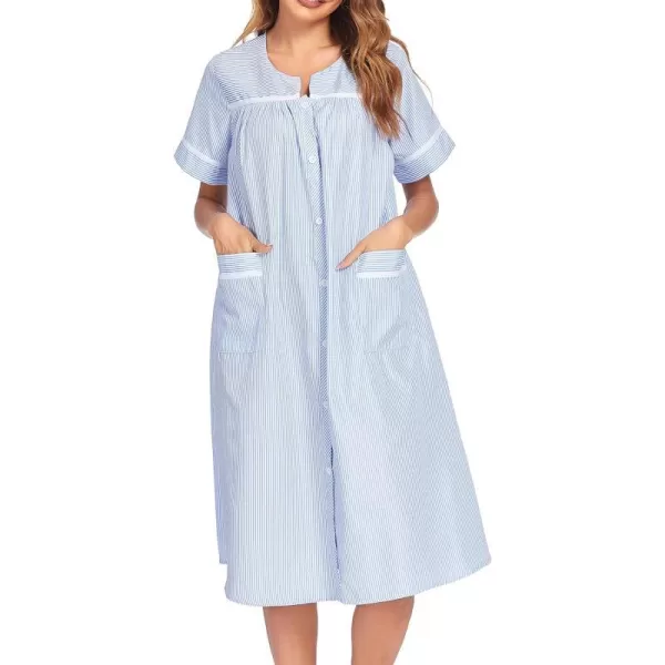 Ekouaer House Dress for Women with Pockets Button Down Duster Housecoat Short Sleeve Patio Dress Nightgown SXXXLStriped Light Blue