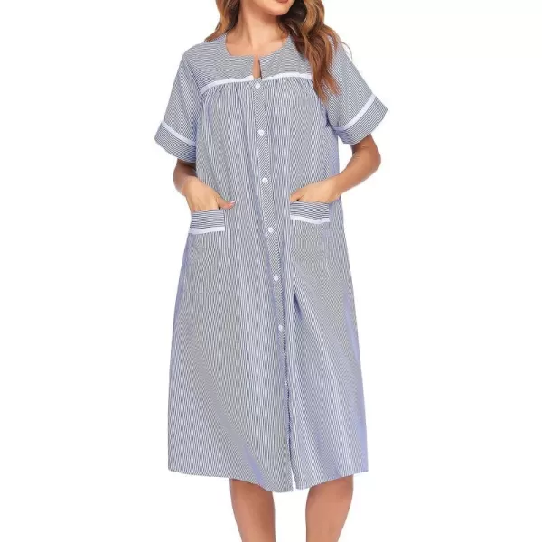 Ekouaer House Dress for Women with Pockets Button Down Duster Housecoat Short Sleeve Patio Dress Nightgown SXXXLStriped Navy