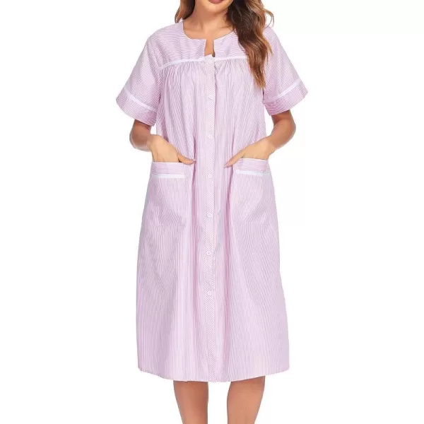 Ekouaer House Dress for Women with Pockets Button Down Duster Housecoat Short Sleeve Patio Dress Nightgown SXXXLStriped Pink