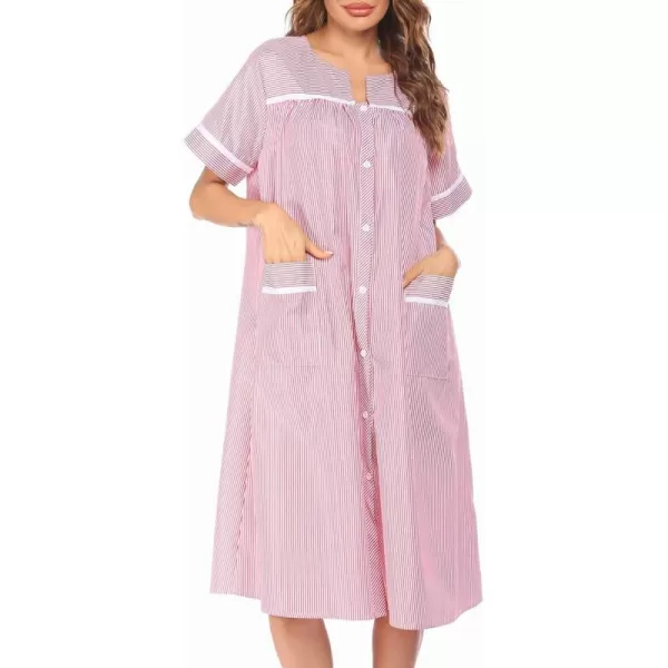 Ekouaer House Dress for Women with Pockets Button Down Duster Housecoat Short Sleeve Patio Dress Nightgown SXXXLStriped Red