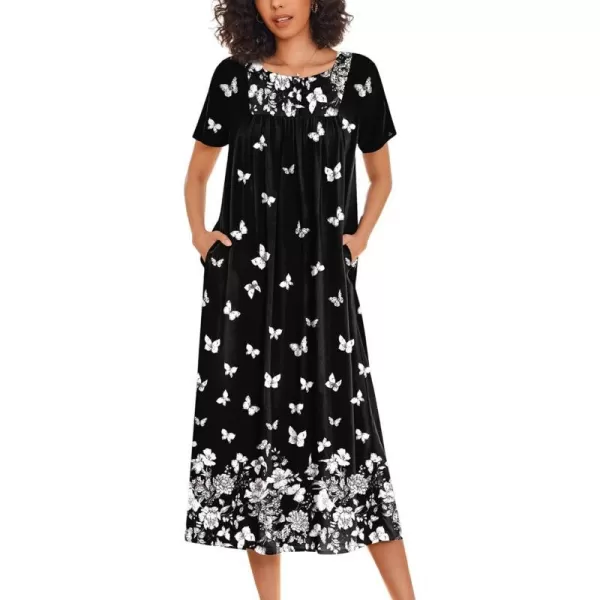 Ekouaer House Dress for Women with Pockets Moo Moo Nightgown Long Mumu Dress Short Sleeve Patio Dress SXXLButterfly on Black