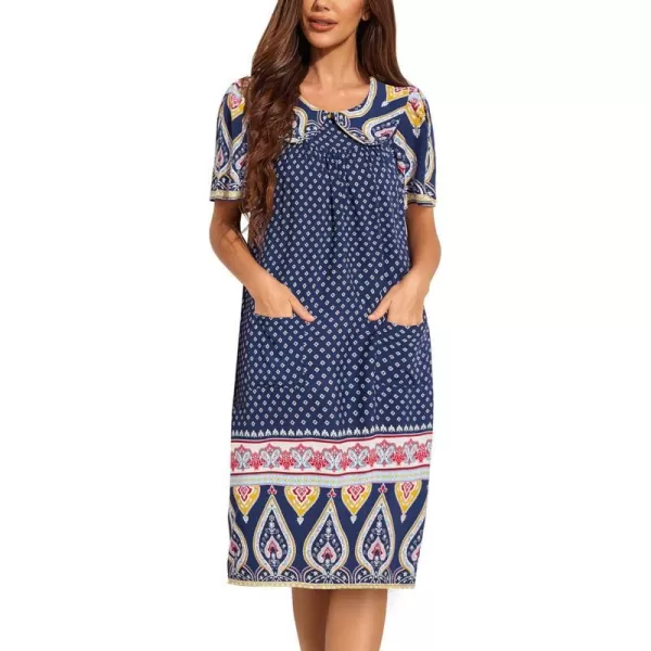 Ekouaer House Dresses for Women with Pockets Mumu Duster Short Sleeve Nightgown Lounger Printed Patio Dress SXXXLEthnic Navy